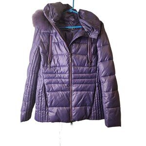 Paker Size Large Womens Coat Purple Faux Fur Hood Belted Hollow Fill EUR 44